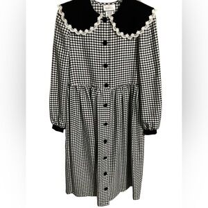 VTG Bonnie Jean Black Checkered Party Dress Velvet Lace Collar Girls Size 16
